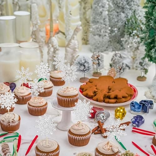 Gyufise 24 Pack Blue Silver Glitter Snowflake Cupcake Toppers for Winter Birthday