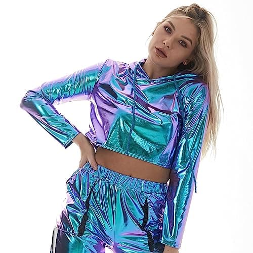 ABAFIP Women Metallic Shiny Rave Outfit Holographic Crop Top Hoodie Casual Long Sleeve Sweatshirt Dancewear -> Metallic Shiny Holographic Crop Top Hoodie Dancewear