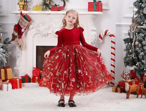 IMEKIS Embroidered Floral Velvet Dress for Toddler Girl Fall Winter 3-12T