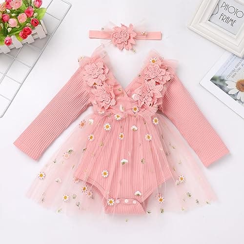 Newborn Baby Girl 1st Birthday Outfit - Long Sleeve Romper Dress