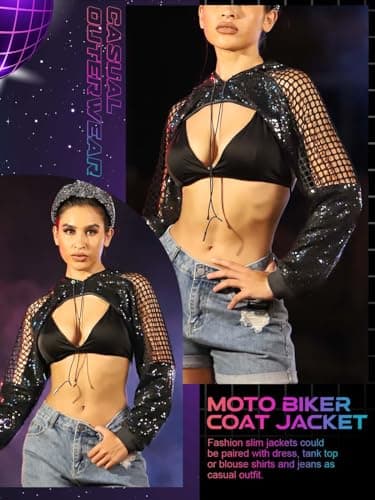 Fishnet Mesh Hoodie Crop Top with Sequin Detail for Women