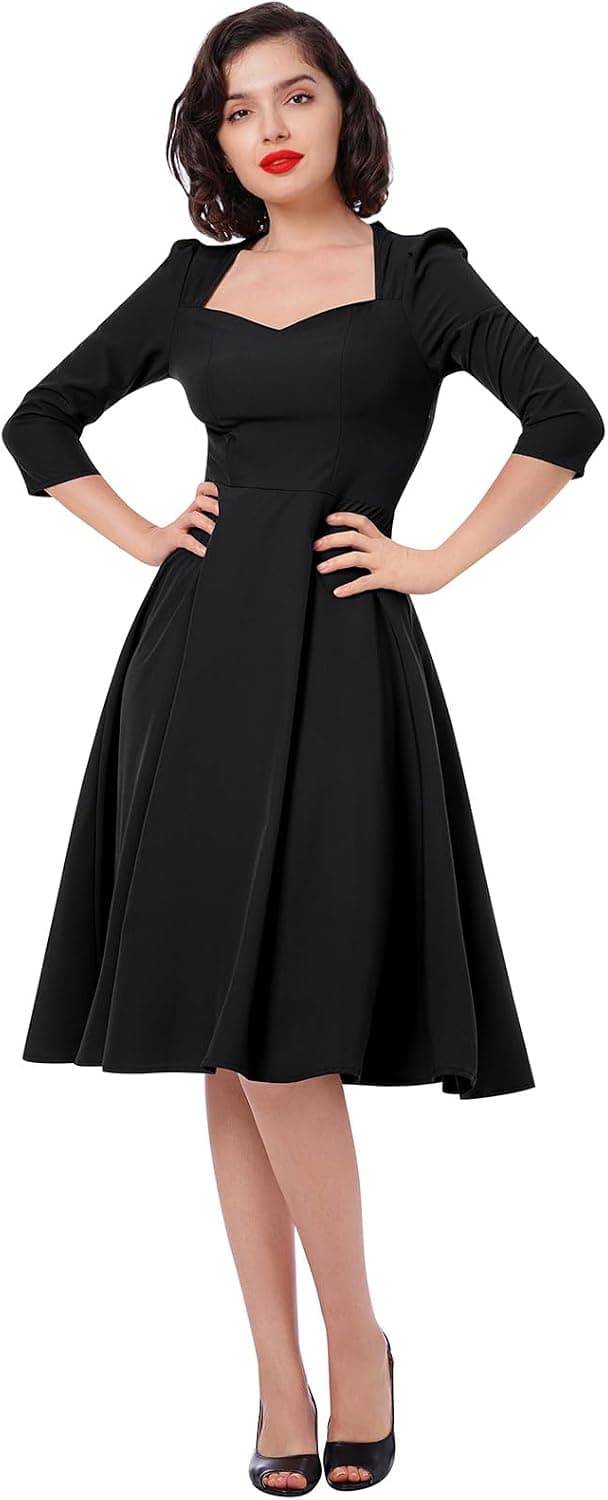 Women Vintage 1950s Retro Cocktail Party Swing Dress Elegant 3/4 Sleeve Sweetheart A Line Wedding Guest Dress