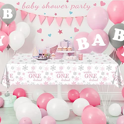Jectivs 6Pcs Christmas Snowflake Tablecloth Pink & Silver Onederland 1st Birthday Decor 54x108inch