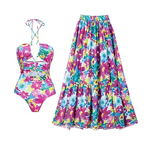 Women's Floral Print Swimsuit with Maxi Beach Skirt for Summer Holiday