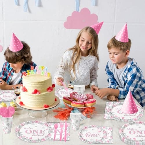 Oigco Winter Onederland Pink & Silver Snowflake Plates & Napkins Set