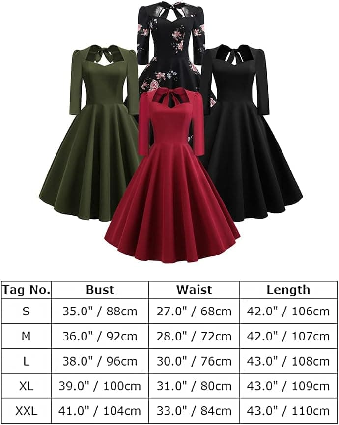 Women Vintage 1950s Retro Cocktail Party Swing Dress Elegant 3/4 Sleeve Sweetheart A Line Wedding Guest Dress