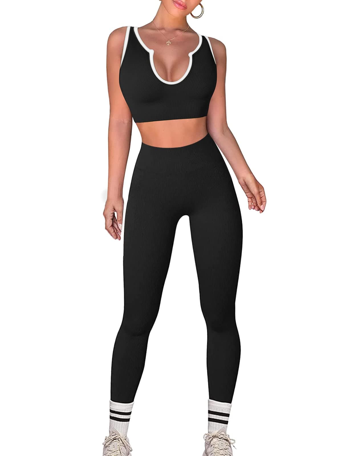 Hafailia Women's Gym Two-Piece Outfit: Crop Tank & High-Waist Leggings