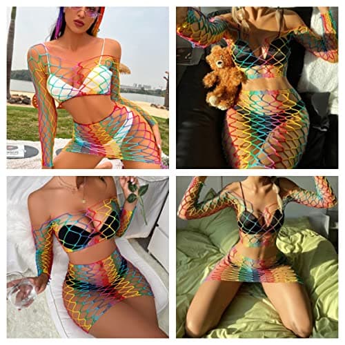 ZGMYC Women Rave Mesh Bikini Cover Ups & Mini Skirt Outfit