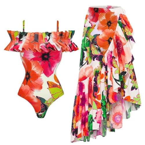 IMEKIS Women's Floral Print 2-Piece Swimsuit Set with Ruffle Cover-Up