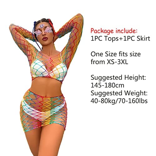 IMEKIS Women Rainbow Rave Outfit Fishnet Dress Bodysuit