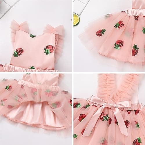 Toddler Baby Girls Strawberry Cherry Dress with Headband for Cake Smash Photo Shoot