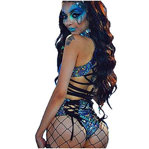 Women's Rave Holographic Bodysuit Set in Metallic Silver for Dance Parties and Festivals
