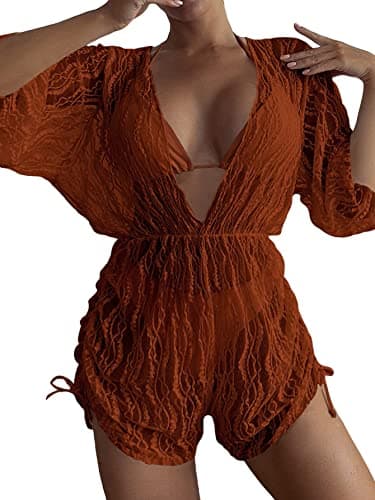 Women's 3 Piece Swimsuit Set with Sheer Mesh Cover Up