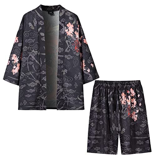 PRIJOUHE Mens Loose Fit Japanese Kimono Coat Jacket with Shorts