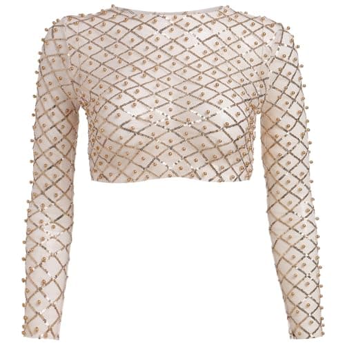 IMEKIS Sparkle Sequins Beads Sheer Mesh Crop Top for Women