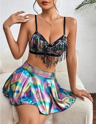Avidlove Sequin Fringe Cosplay Lingerie Set with Metallic Skirt