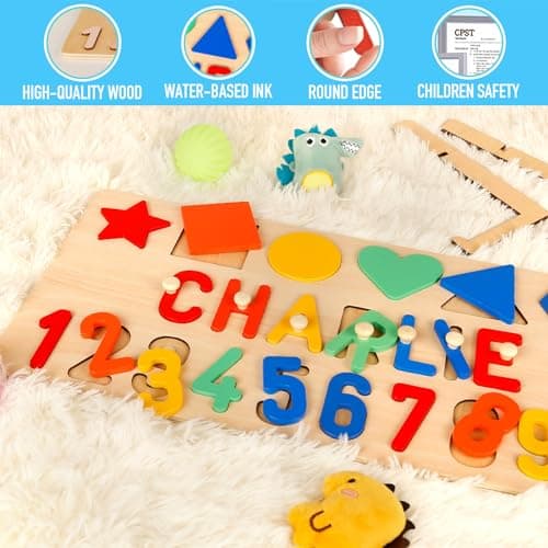 Personalized Wooden Name Puzzle for Toddlers 1-3, Shape & Number Puzzle, Montessori Baby Toys