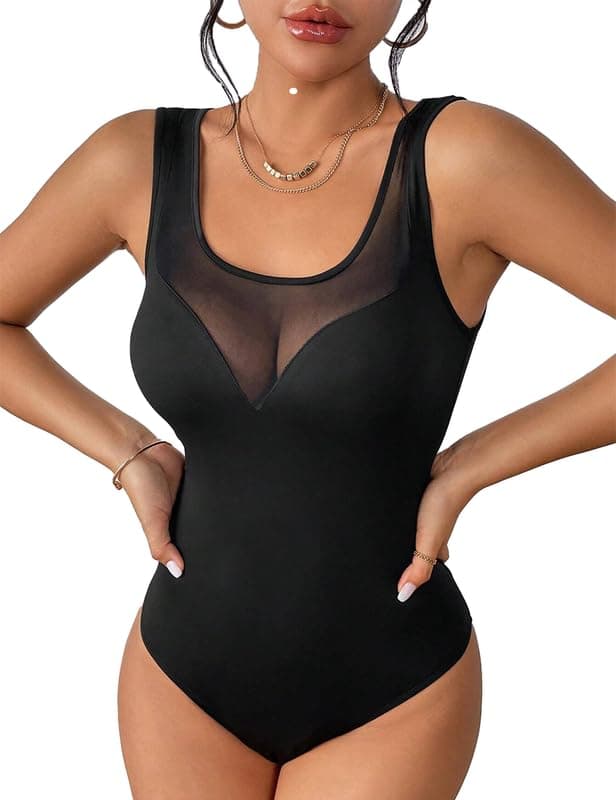 UEOIOW Women's Sheer Mesh Rhinestone Bodysuit Tops