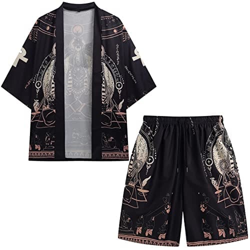 PRIJOUHE Mens Loose Fit Japanese Kimono Coat Jacket with Shorts