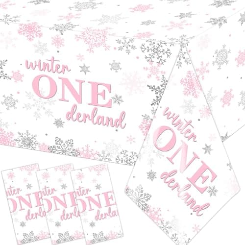Onederland 3Pcs Winter Pink Silver Snowflake Tablecloth for 1st Birthday Girls