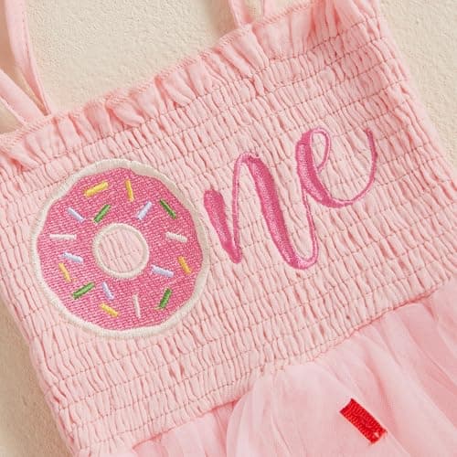 SAYOO Baby Girls Donut Embroidery Smocked Romper Dress for 1st Birthday Tulle Bodysuit