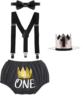 Baby Boys First 1st Birthday Cake Smash Outfit Wild ONE Diaper Cover + Suspenders + Bowtie + Headband for Photo Props