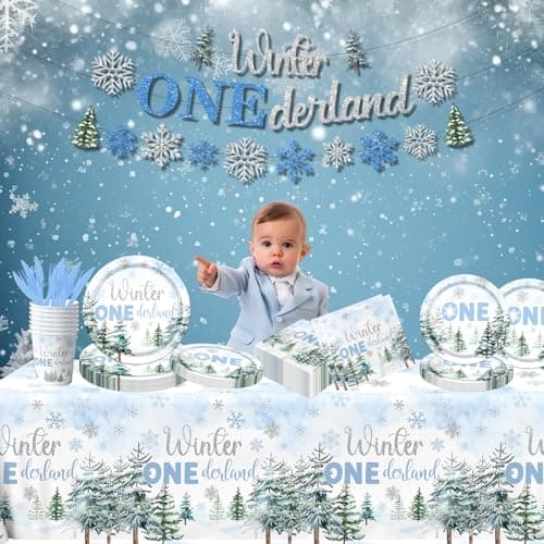 HAKOTI Winter Wonderland 1st Birthday Boy Tableware - 142 Pcs Blue Snowflake Plates & Napkins