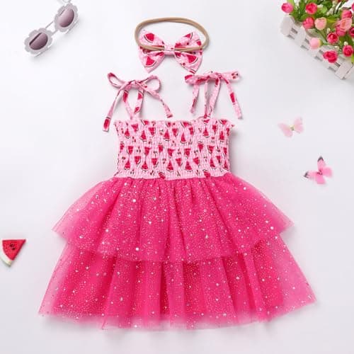 IMEKIS Toddler Girl Boho Birthday Dress & Headband Straw Melon Party Outfit