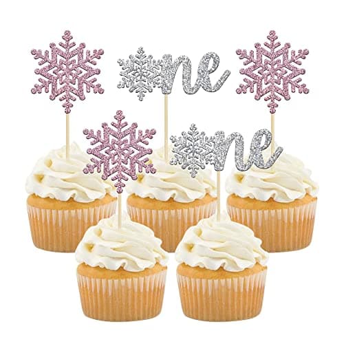 Gyufise 24 Pack Blue Silver Glitter Snowflake Cupcake Toppers for Winter Birthday