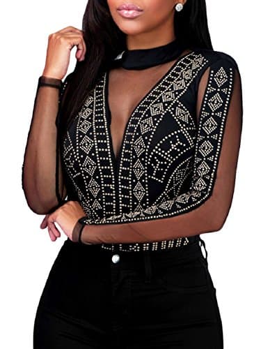 Sheer Mesh Long Sleeve Bodysuit for Women
