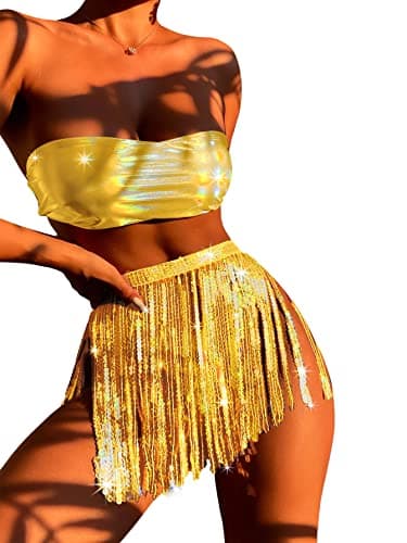 EVELUST Rave Outfits Women: Metallic Holographic Bodysuit & Sequin Tassels Skirt