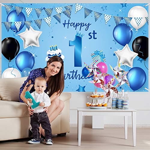 Blue Happy 1st Birthday Backdrop Banner