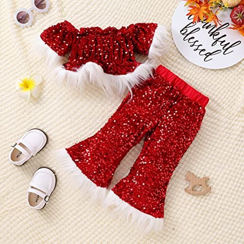 IMEKIS Toddler Girl Velvet Santa Claus Top & Flare Pants Xmas & Halloween Costumes