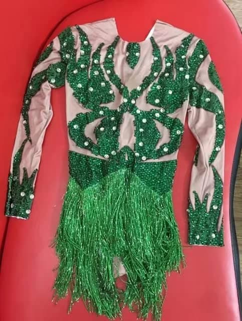 Earthradius Green Rhinestone Fringe Spandex Bodysuit for Women Dancers and Singers