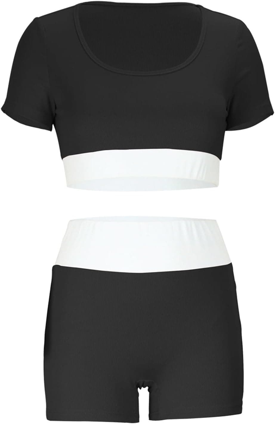 Women's Color Contrast U Neck Sexy Crop Yoga Suit Short Sleeve Shorts Two Piece Set Cute Swimsuits Cover up