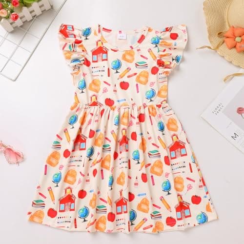 IMEKIS Girls' Back to School Pencil Print Dress with Hair Bow 4-7T