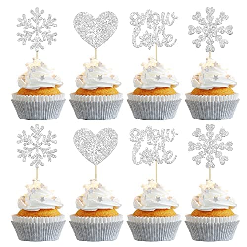 Gyufise 24 Pack Blue Silver Glitter Snowflake Cupcake Toppers for Winter Birthday