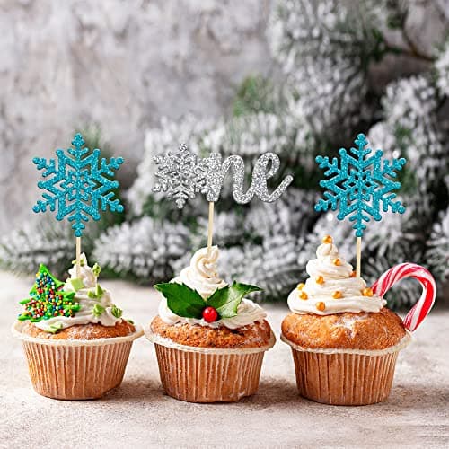 Gyufise 24 Pack Blue Silver Glitter Snowflake Cupcake Toppers for Winter Birthday
