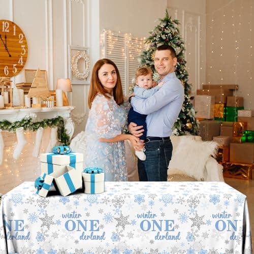 Winter Onederland Blue Silver Snowflake Tablecloth for 1st Birthday Boy's Party Decorations
