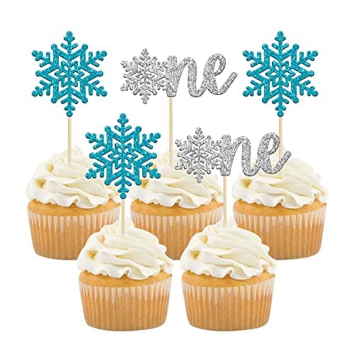 Gyufise 24 Pack Blue Silver Glitter Snowflake Cupcake Toppers for Winter Birthday
