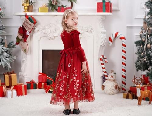 IMEKIS Embroidered Floral Velvet Dress for Toddler Girl Fall Winter 3-12T