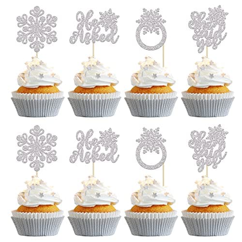 Gyufise 24 Pack Blue Silver Glitter Snowflake Cupcake Toppers for Winter Birthday