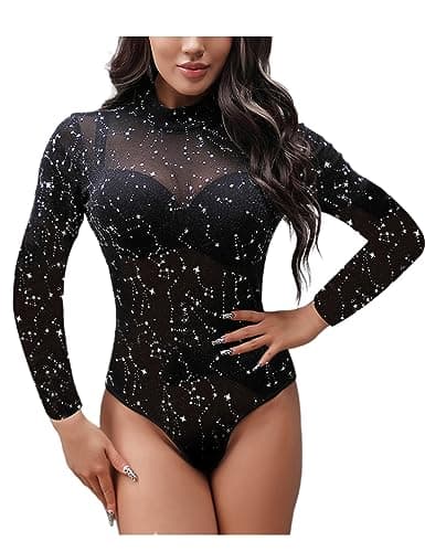 UEOIOW Women's Sheer Mesh Rhinestone Bodysuit Tops