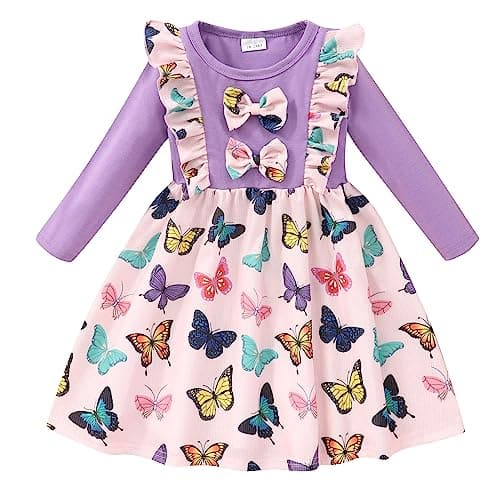 Retsugo Girls' Long Sleeve A-line Print Dress with Bowknot