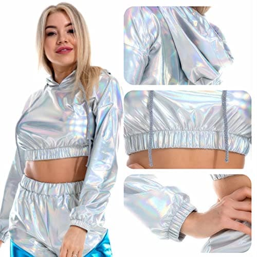 Ypser holographic crop top hoodies for women