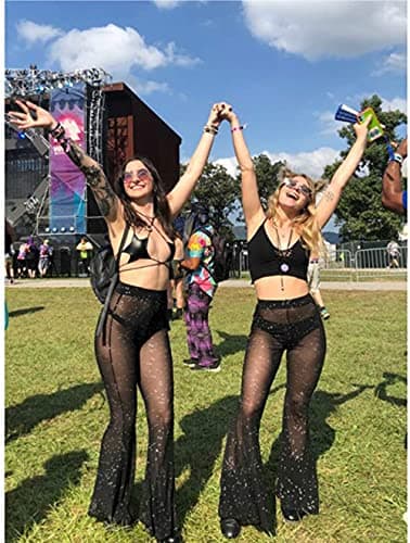 Mookyun Women's Sparkly Sheer Mesh Bell Bottom Pants for Festival Dance Clubwear