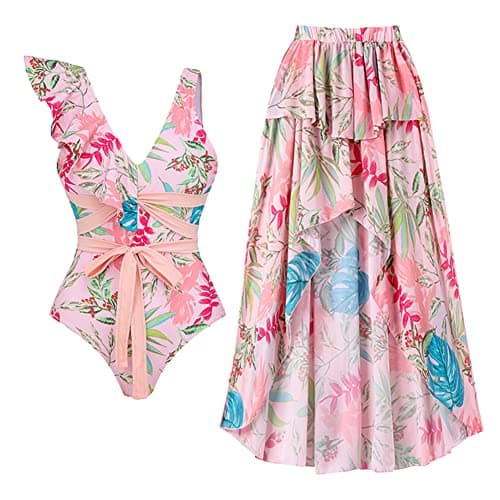 Women's One Piece Swimsuit with Floral Sarong Cover Up and Tummy Control