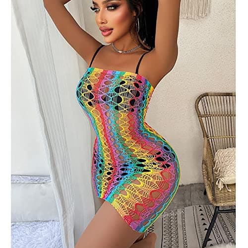 Rainbow Rave Outfit Fishnet Dress Bodysuit for Women