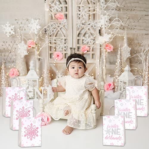 Fangleland Pink Silver Snowflake Birthday Party Bags 16pcs Winter Treats