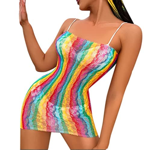 MINGSEECESS Women's Rainbow Striped See-Through Bodysuit Bikini Cover-Up